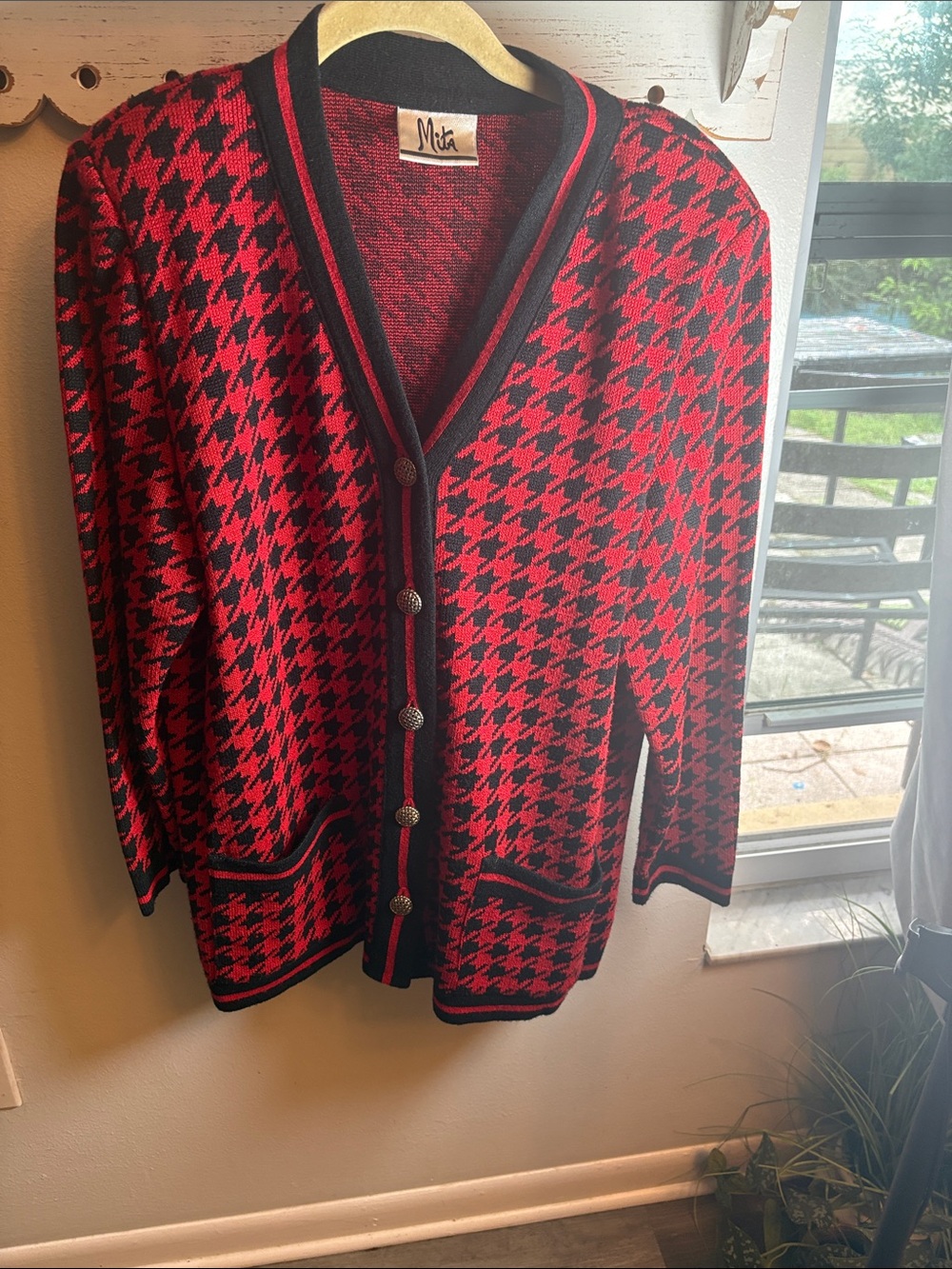 Mita vintage Red and Black Houndstooth Cardigan Sweater